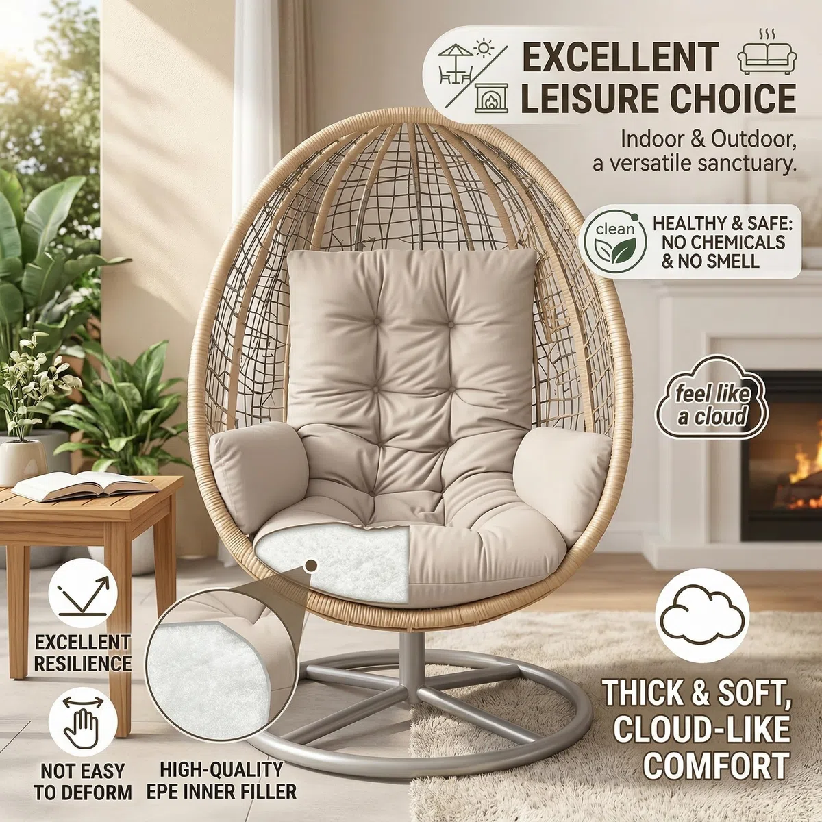 Generico Cuscino per Poltrona Sospesa Esterno in Poliestere Impermeabile, Imbottitura PP Cotton Alta Densità, Seduta Ergonomica per Altalena e Giardino, Ricambio Universale,Cachi