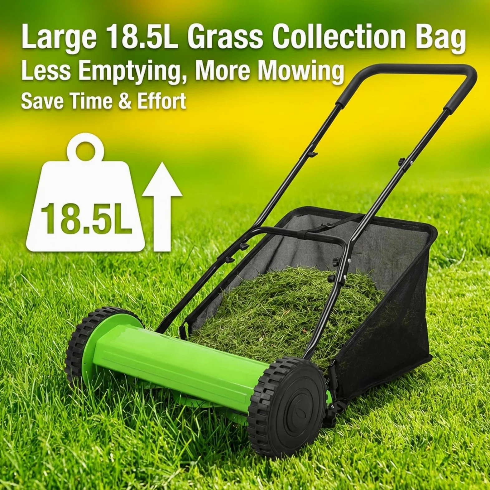 Falciatrice manuale con sacco di raccolta erba, lame in acciaio al manganese, altezza regolabile 17-33 mm, ideale per piccoli giardini e prati residenziali