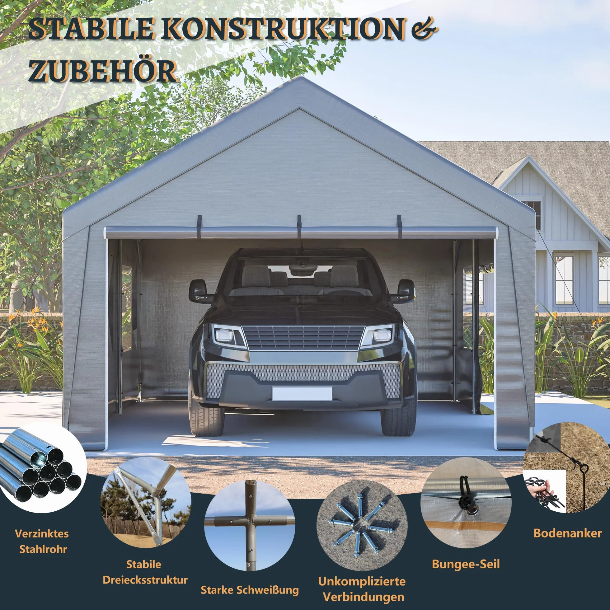 Carport Garage - Tenda da garage, 4 x 6 m, impermeabile, con finestra arrotolabile, tenda di stoccaggio, capannone per stalla, tenda di protezione da esterno per auto, barca