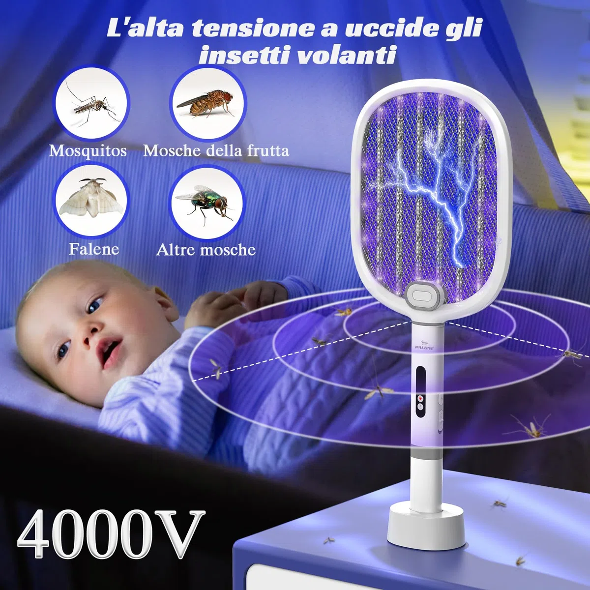 PALONE Racchetta Zanzare Elettrica 4000V con 2 Type-C, Portatile Ricaricabile 1800mAh Scacciamosche Elettrico Rimovibile, Notte LED & Base di Ricarica USB C