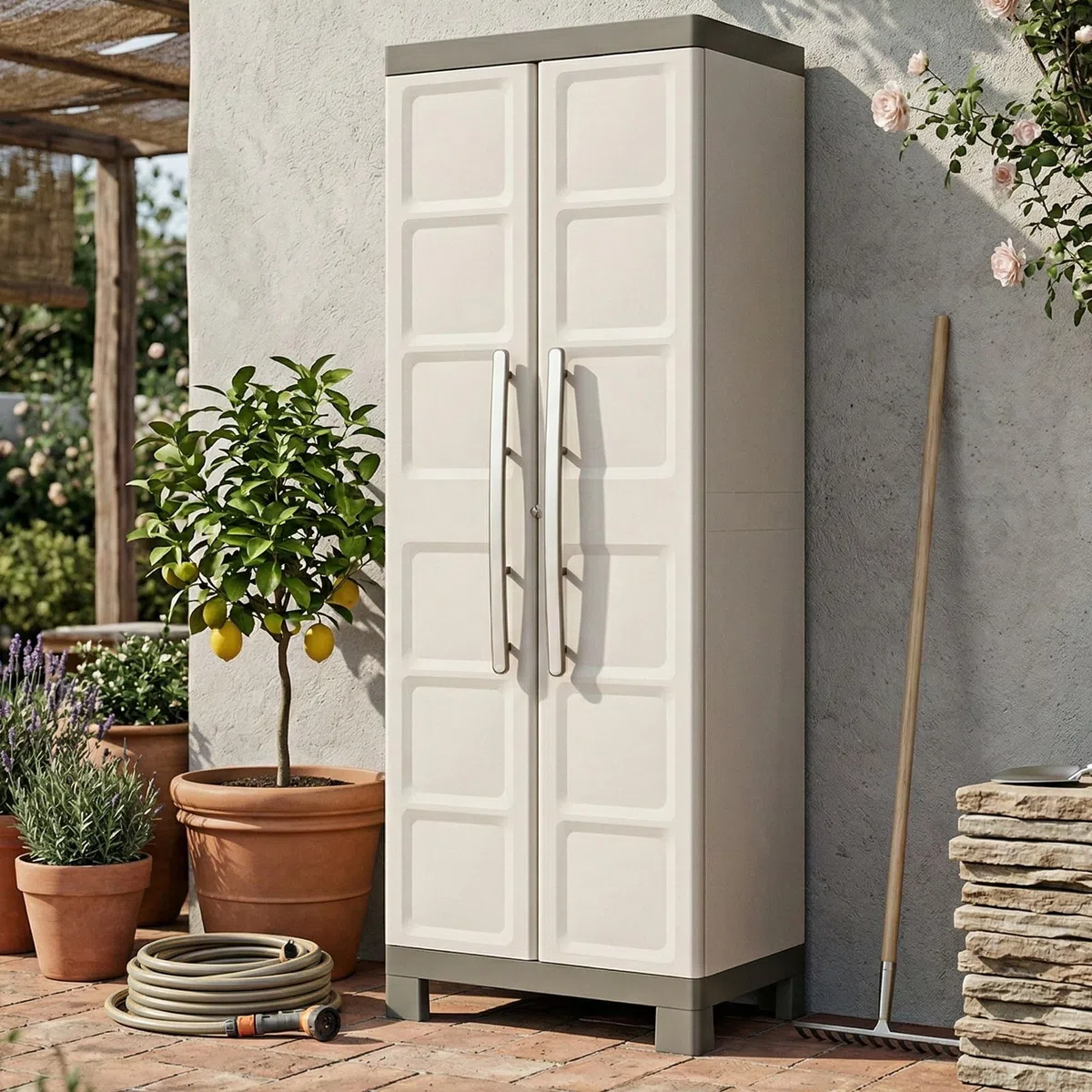 Dmora Armadio da Esterno Ghedi 45x65x182h cm Marrone Sabbia 4 Ripiani Impermeabile, Mobile da Giardino 2 Ante Made in Italy