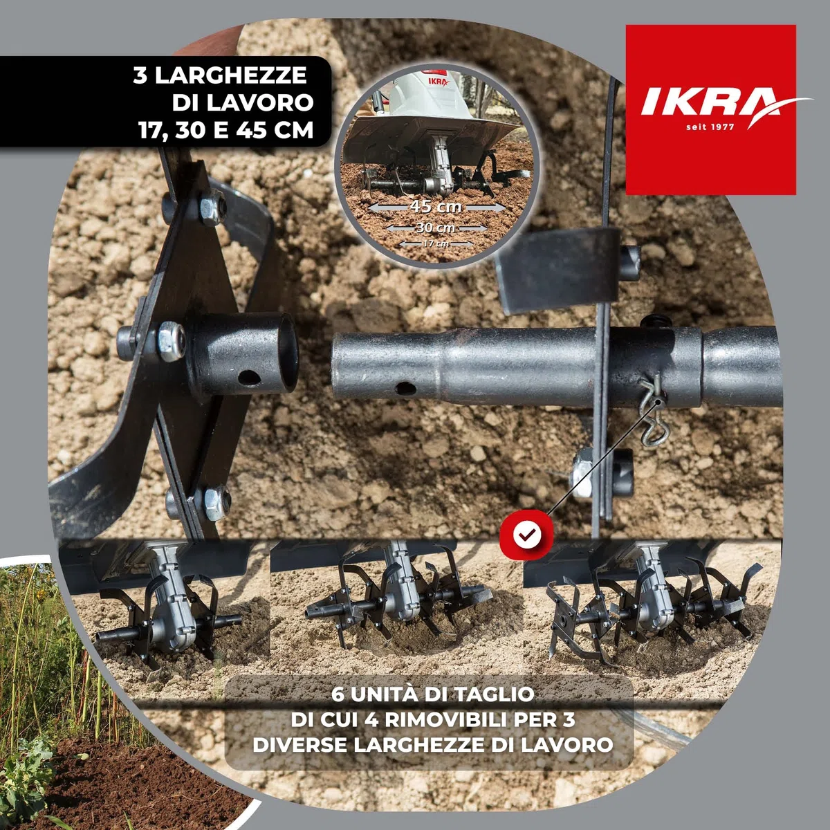 IKRA motozappa elettrica FEM 1500, 3 larghezze regolabili 17, 30 e 45 cm | 1500 W, profondità di lavoro 23 cm, sperone frenante, ruota trasporto, pieghevole, protezione da sovraccarico
