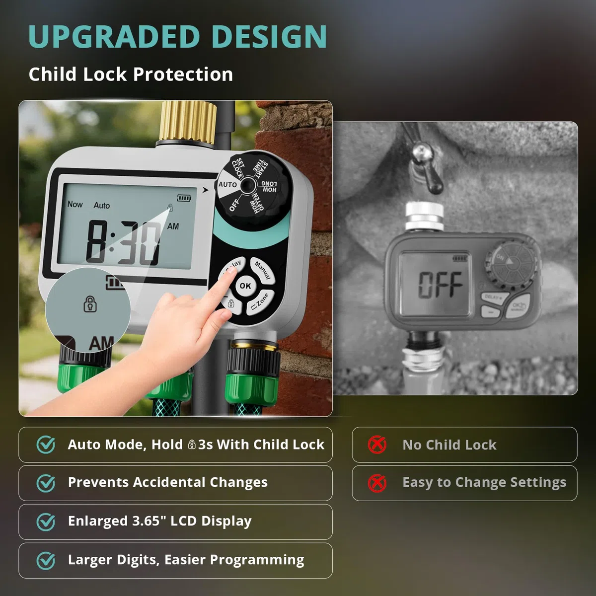 QUOBAS Timer per irrigatore per tubo da giardino, programmabile in ottone, timer digitale dell'acqua con blocco bambini, ritardo pioggia/auto/manuale, 3 modalità, grande schermo impermeabile