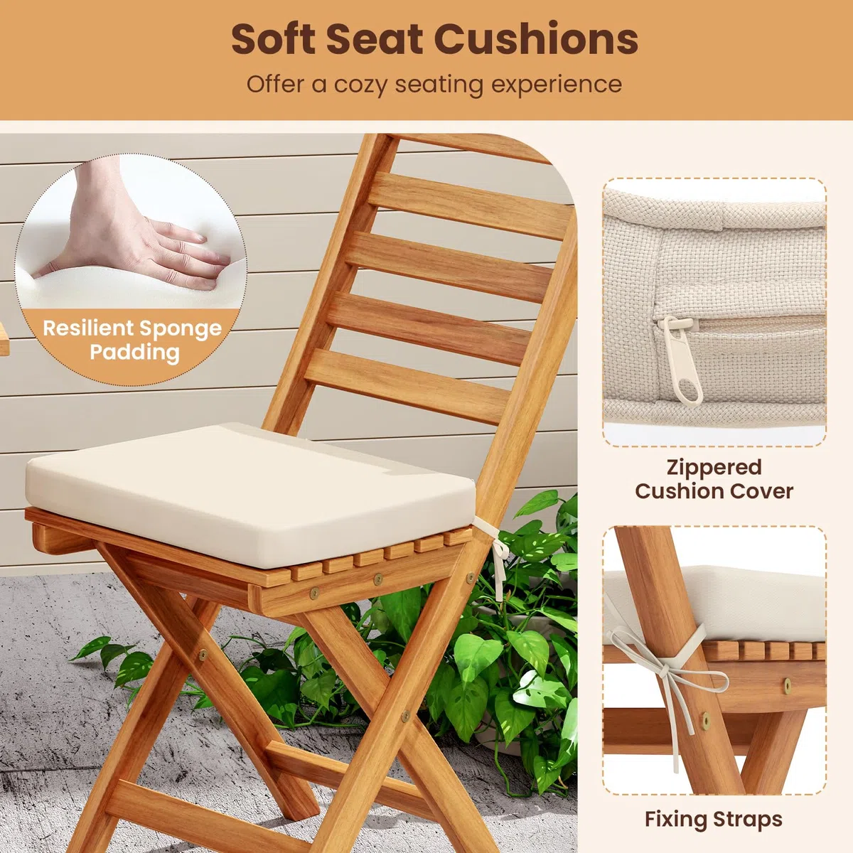 GIANTEX Mobili da balcone piccolo balcone, tavolo da bistrot con 2 sedie, set di mobili da giardino in legno pieghevole, set da balcone per esterni, per 2 persone, set da giardino con cuscino