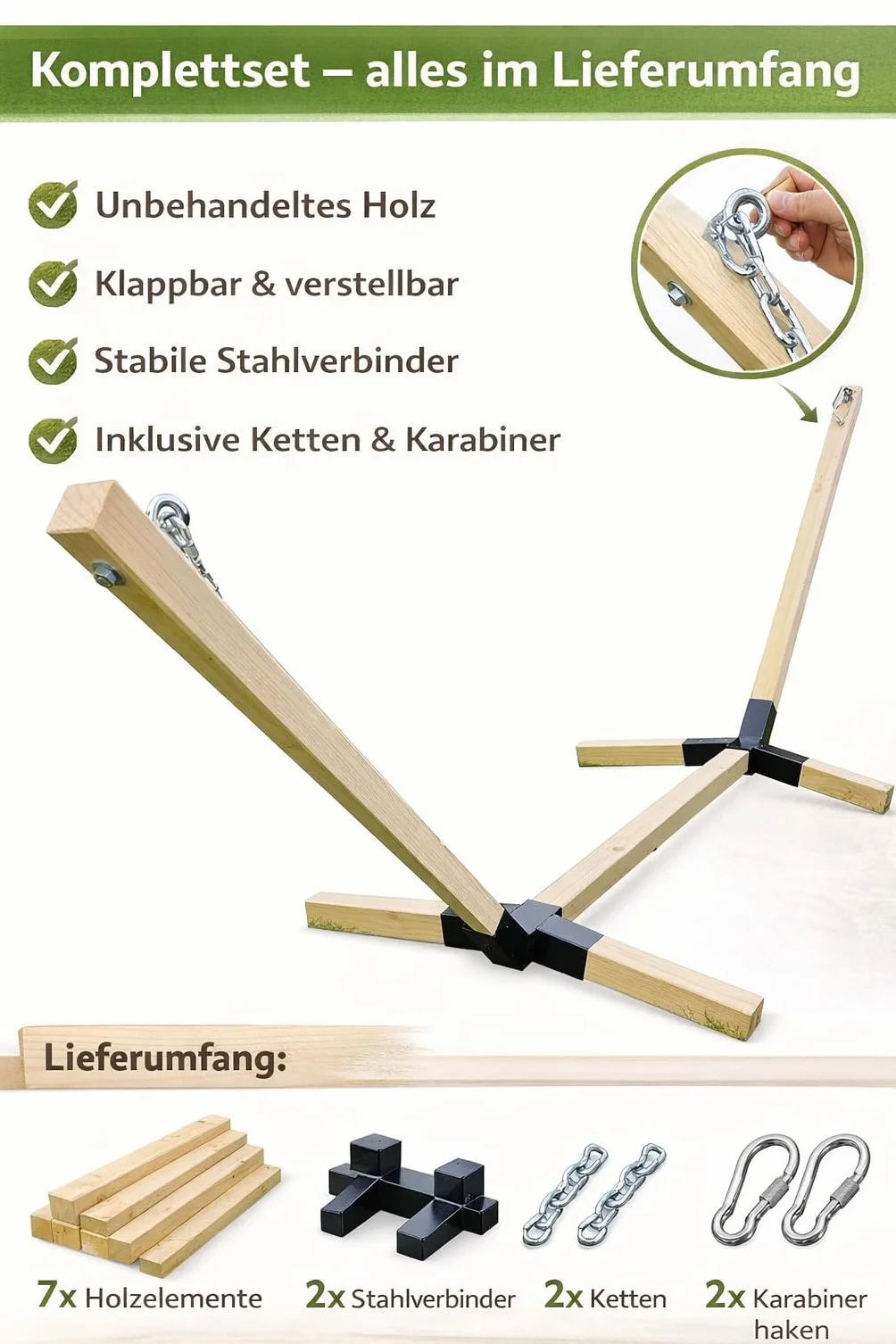 Struttura per amaca in legno, non trattata, pieghevole e regolabile, portata 150 kg, universale