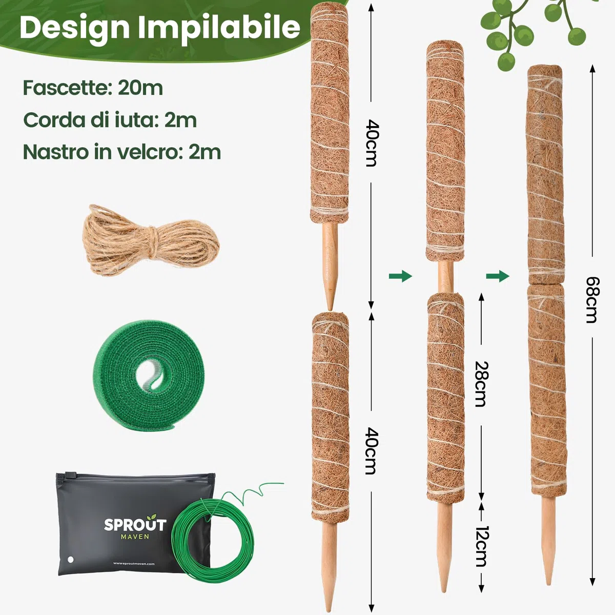 Totem di Cocco, SproutMaven Bastone per Piante da 4x40cm Allungabili, Altezza 124cm Bastoncino di Totem Palo Supporto Piante Rampicanti da Interni ed Esterni, Liane per Crescere Verso L'alto