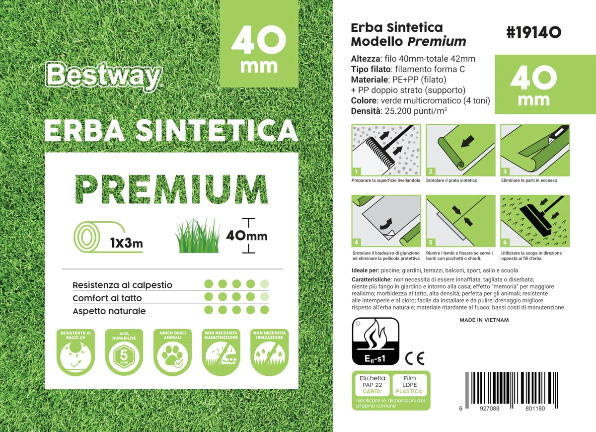 Erba sintetica Premium alta 40 mm, rotolo da 1x3 metri