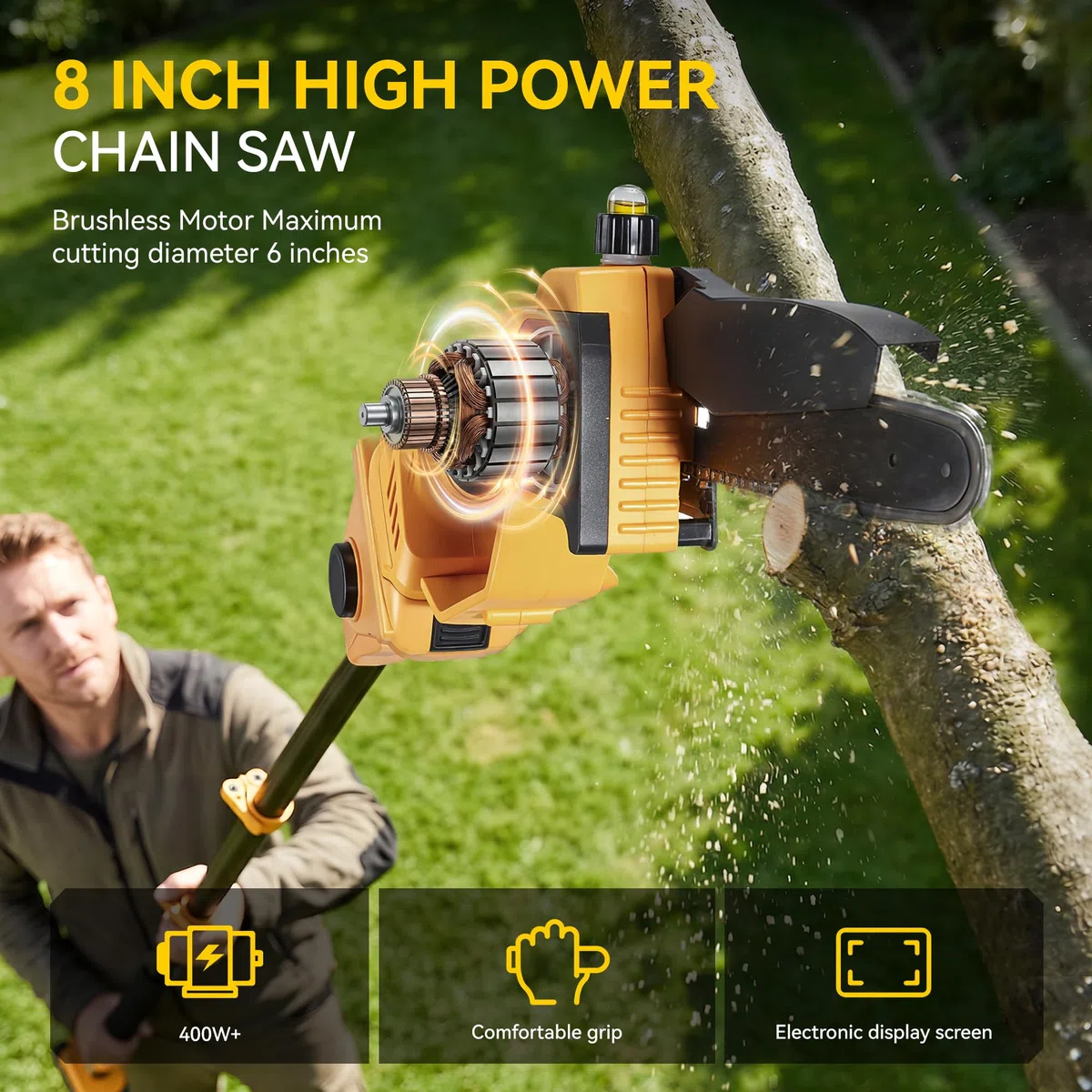 Motosega e cesoie elettriche da potatura MELLWIN 4 in 1, attrezzo da giardino senza fili da 20 cm con asta telescopica, serbatoio dell'olio da 30 ml, motore brushless, cesoie da giardino da 2,3 m e 40
