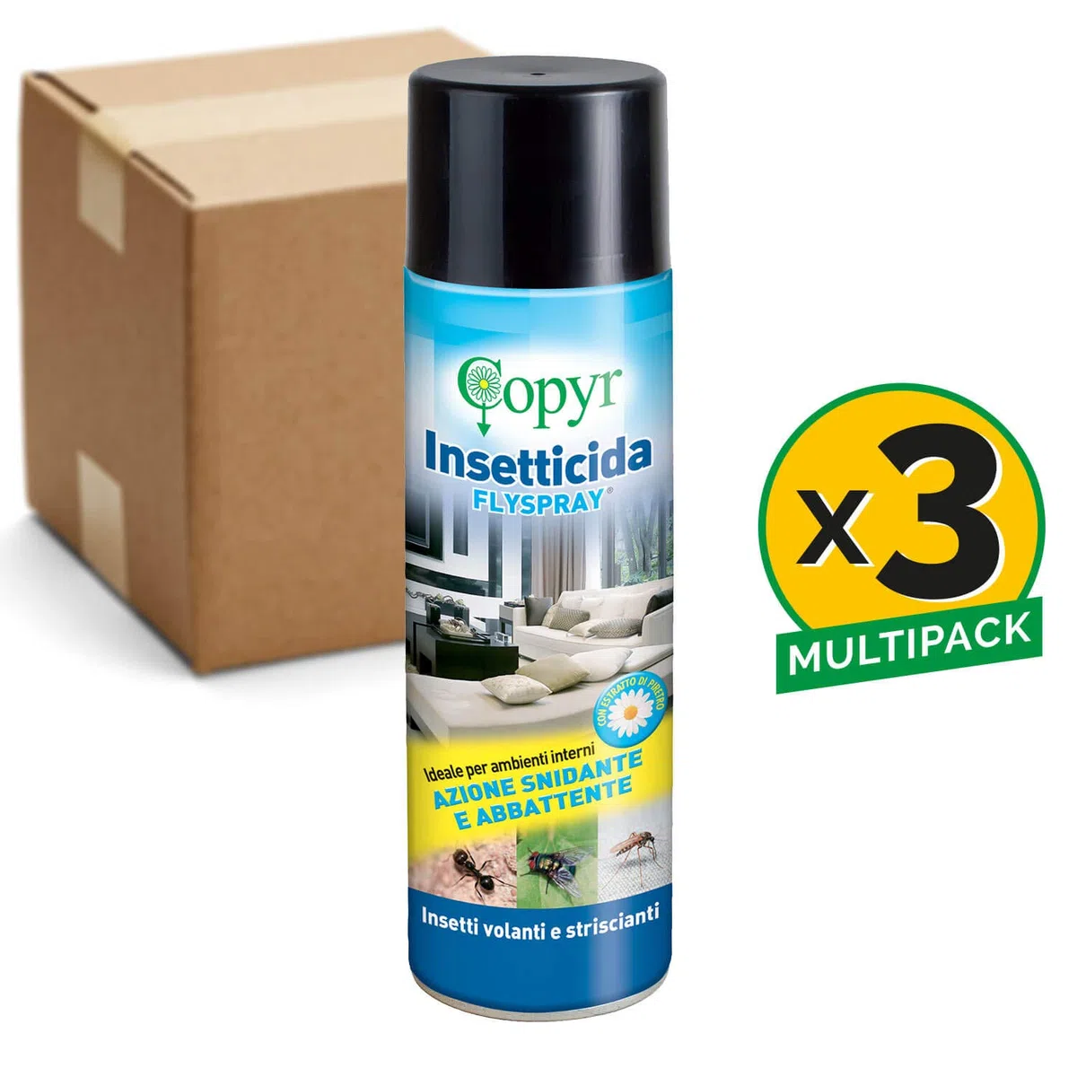 COPYR | Flyspray: Insetticida Pronto all'Uso Elimina Rapidamente Mosche, scarafaggi, formiche, Insetti delle derrate - bombola da 500 ml x 3 Pezzi