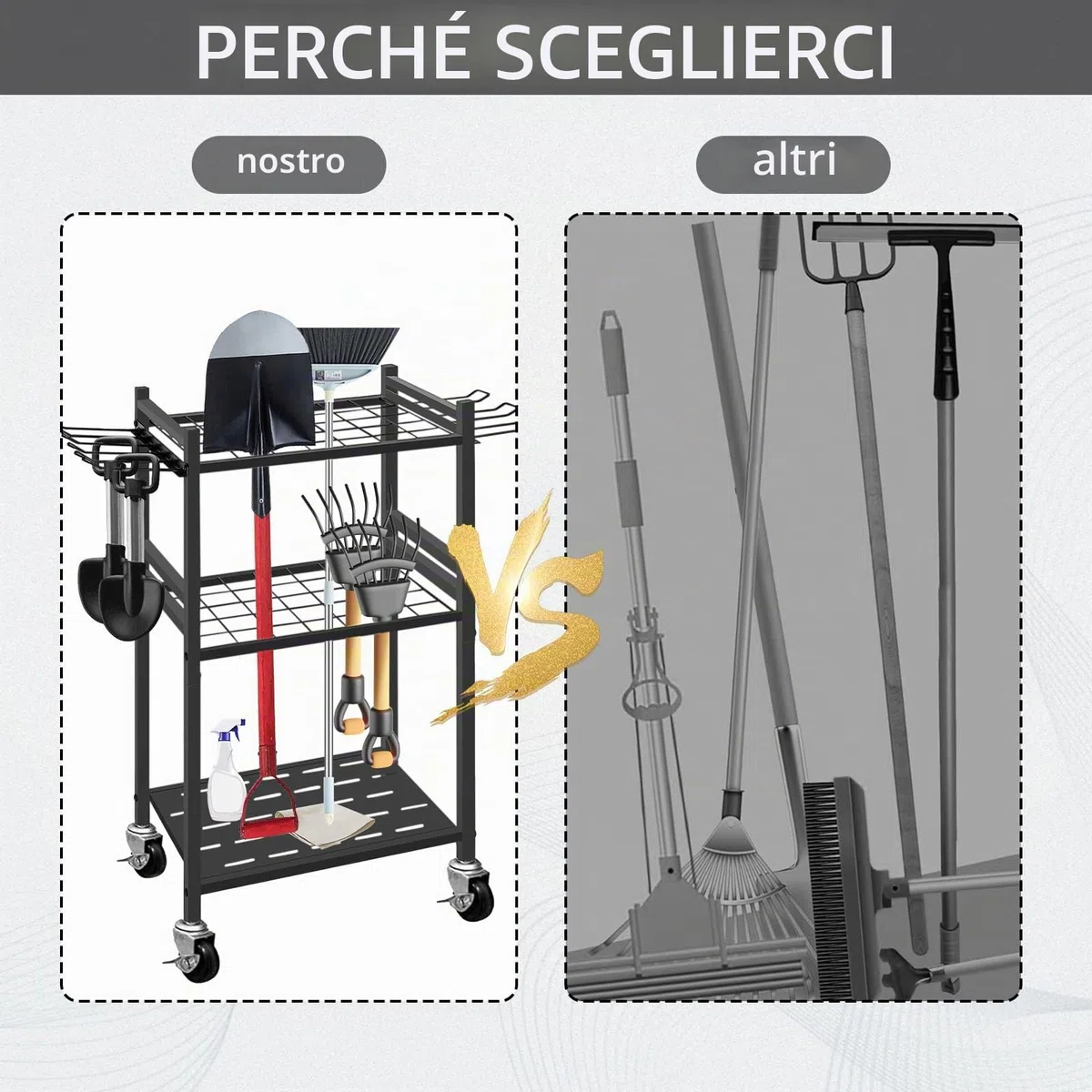 Porta Attrezzi, Porta Attrezzi da Giardino con Ruota Universale 43 x 30 x 81,3 cm Porta Scope Nero con 6 Ganci Laterali Lunghi e 3 Ganci Portaoggetti per Garage Giardini Capannoni