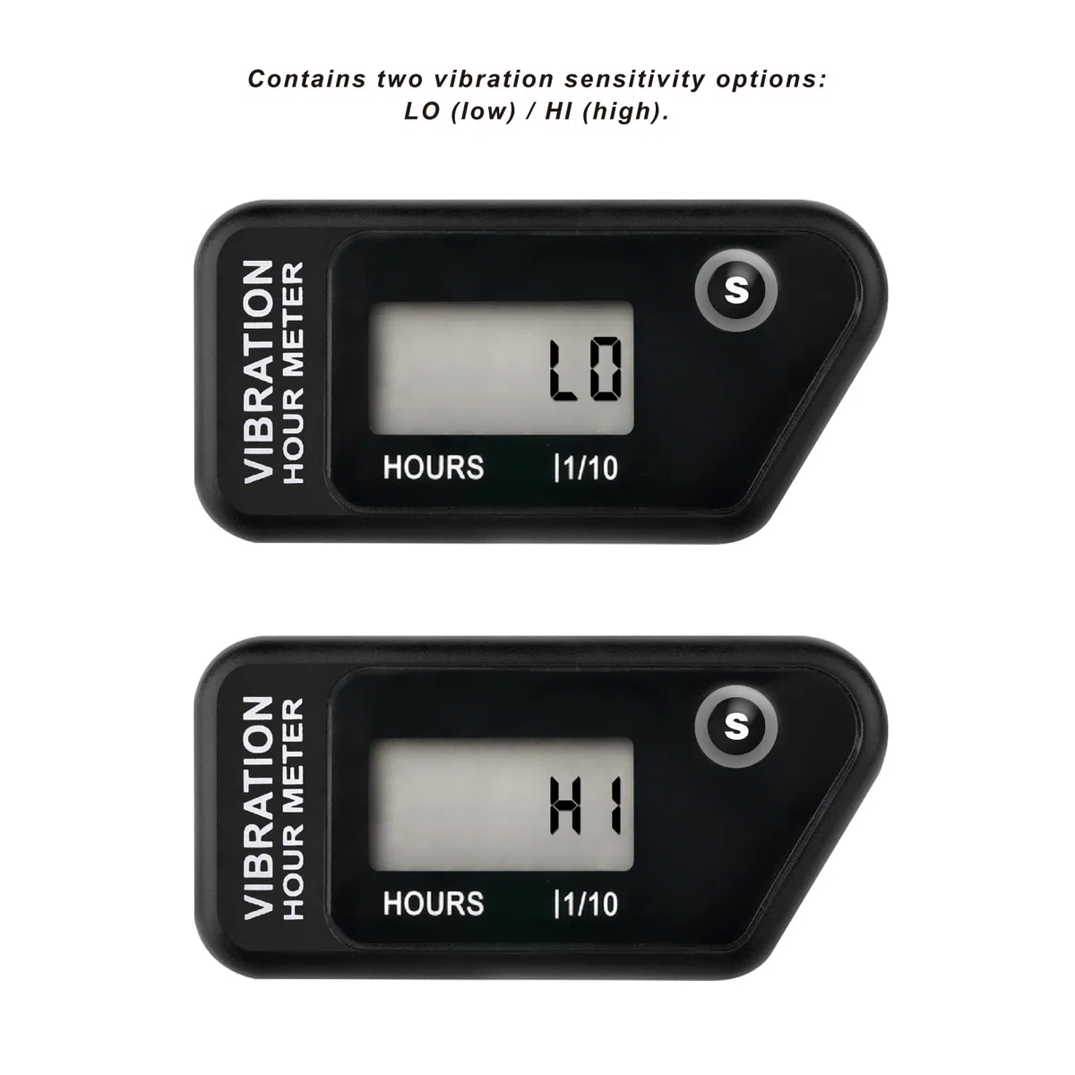 Jayron LCD Contaore a vibrazione impermeabile IP68 per tosaerba, Nero | Autoalimentato, senza cablaggio, ore totali non azzerabili, timer TMR azzerabile, 3 sensibilità, blocco per trasporto