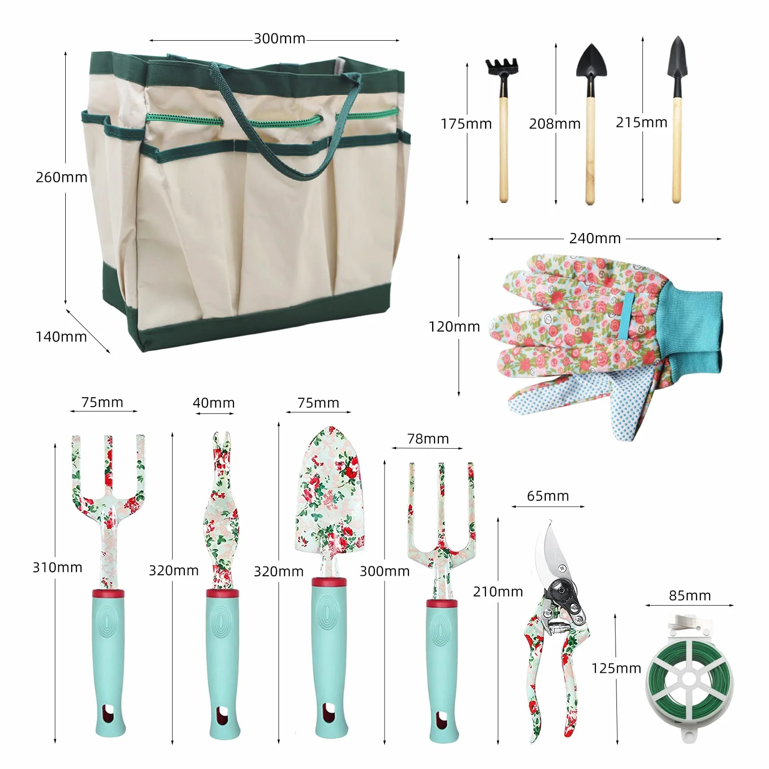 Set di Attrezzi da Giardinaggio, Kit Giardinaggio di Attrezzi Manuali da Floreale Giardino da 16 Pezzi, Regali da Giardinaggio per Donne e Uomini, Attrezzi da Giardinaggio per Impieghi Gravosi