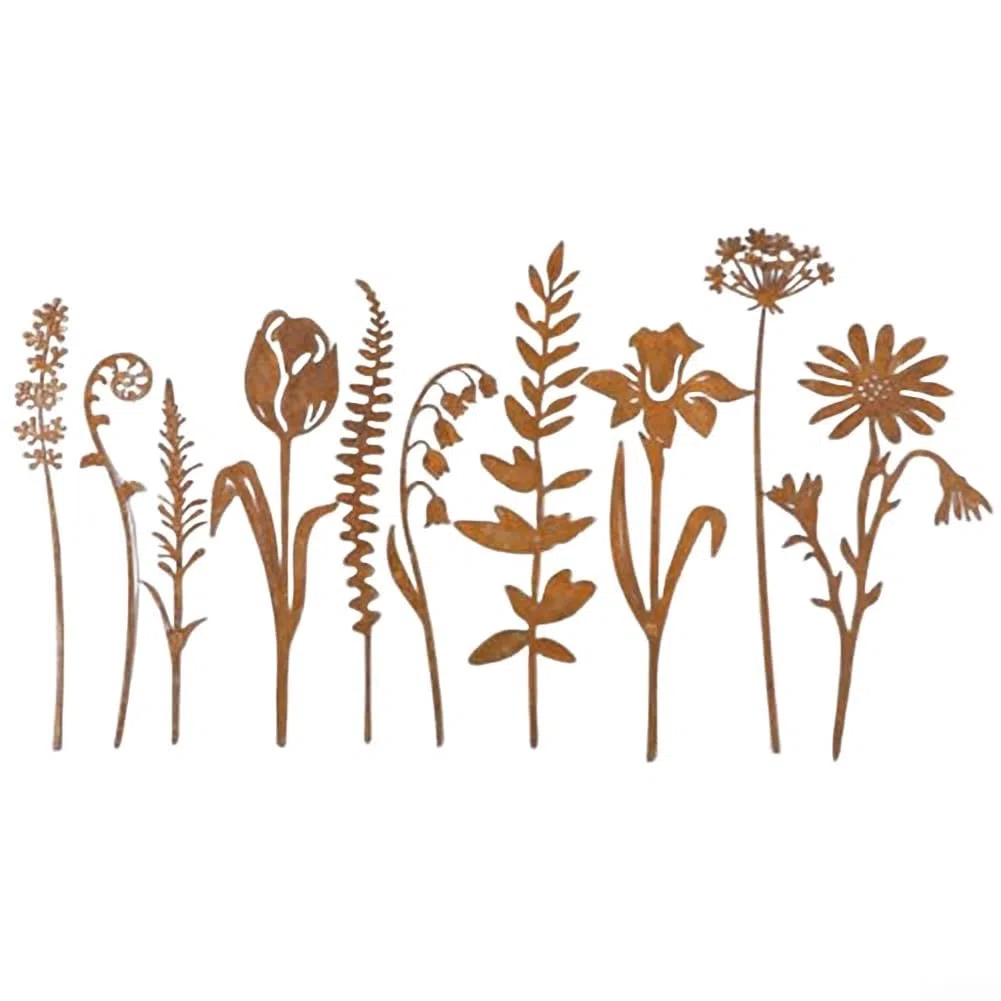 10 Pezzi Decorazioni da Giardino in Metallo Arrugginito, Fiori Rustici per Esterni, 10 Design Unici, Installazione a Pressione Senza Attrezzi, per Aiuole, Vasi, Sentieri, Cortile