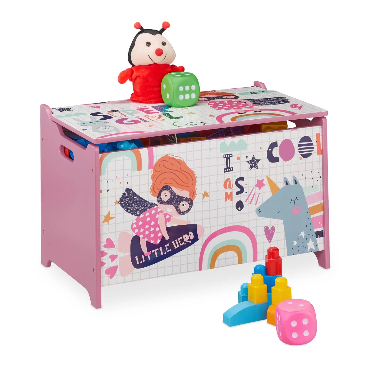 Relaxdays Cassapanca Organizer, Portagiochi per la Cameretta, Design Super Girl, MDF, HxLxP: 39x60x36,5 cm, Rosa/Bianco