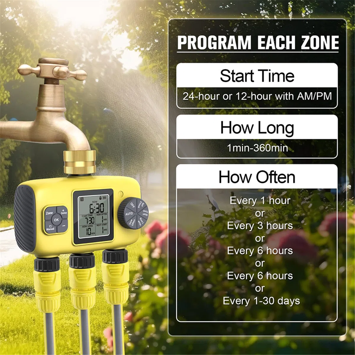 Tubo da giardino con timer per irrigazione a 3 zone, in ottone, per uso domestico e giardino