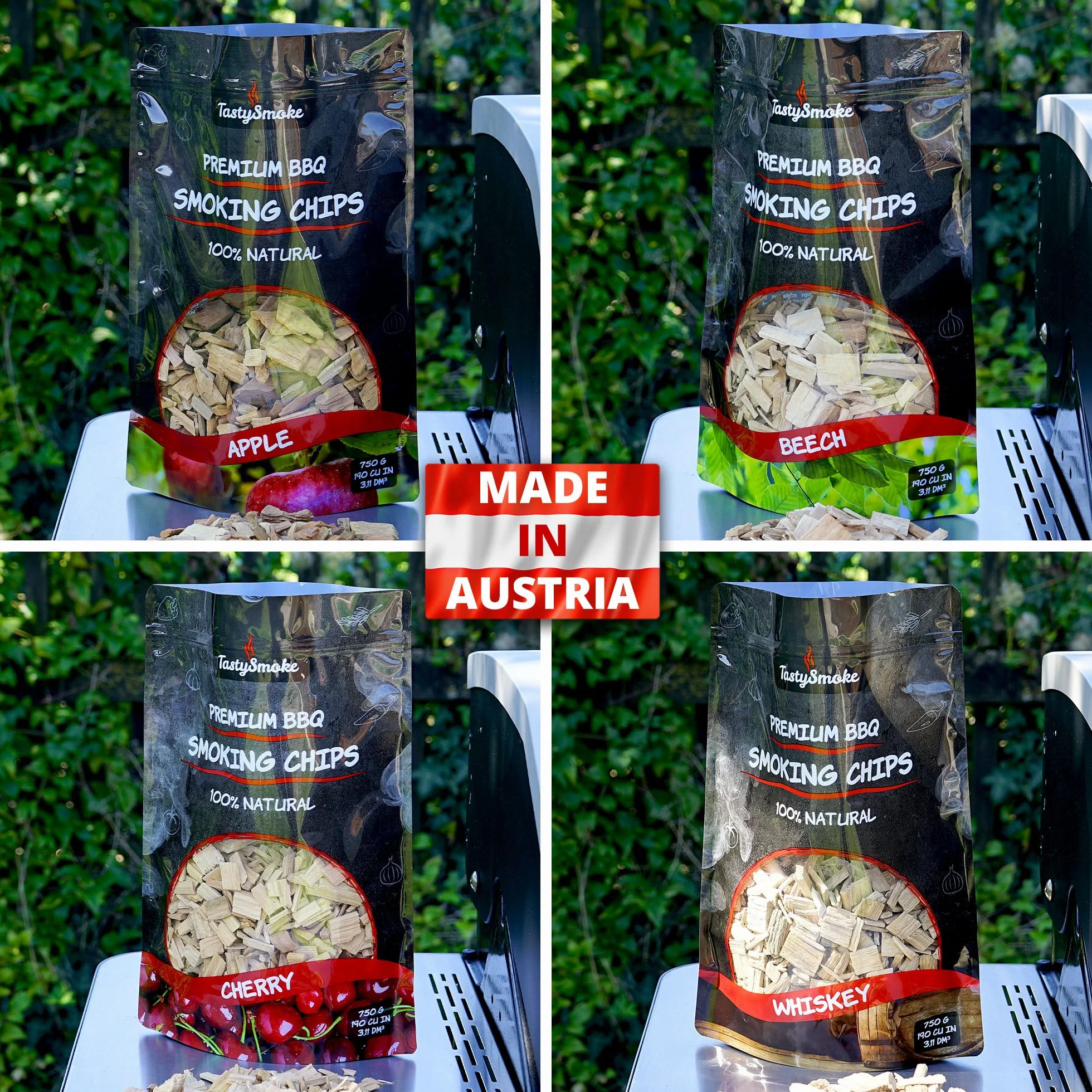 Set di 4 Chip per Affumicatura di Alta Qualità – Chip di Legno Naturali di Mela, Faggio, Ciliegio & Quercia – Perfetto per Affumicatore, Griglia & BBQ – 750 Grammi di Qualità 100% Pura