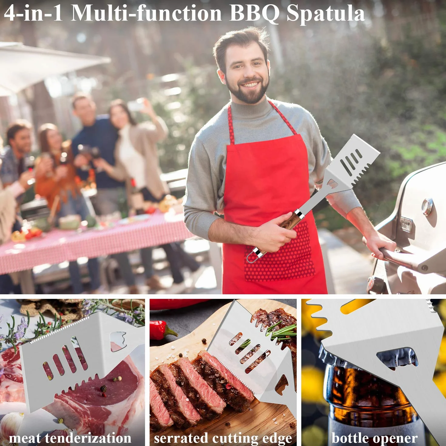 ROMANTICIST,set di utensili extra spessi in acciaio inox per gli uomini, 26 pezzi, kit di accessori per barbecue per cortile, regalo con spatola cavatappi in custodia in alluminio marrone