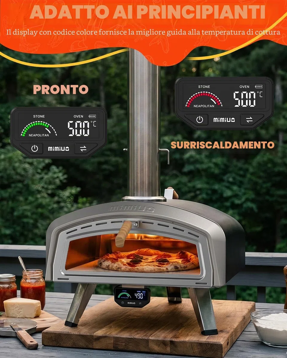 Mimiuo Forno Pizza de Esterno 16", Forno a Legna e Carbonella con Ampia Finestra di Visualizzazione, Indicatore di Temperatura Intelligente con Modalità Intelligenti per La Cucina All'aperto