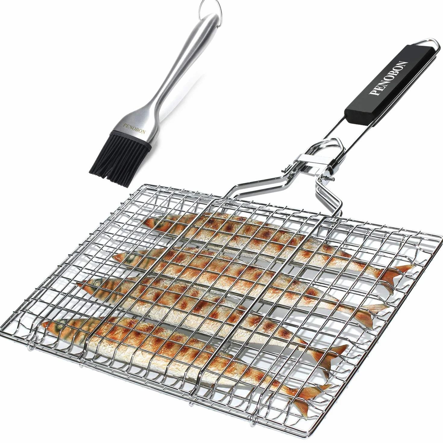 Cestino da Barbecue Pieghevole in Acciaio Inox per Pesce, Gamberetti con Manico Rimovibile, con Pennello da Forno e Borsa (Tipi 1)