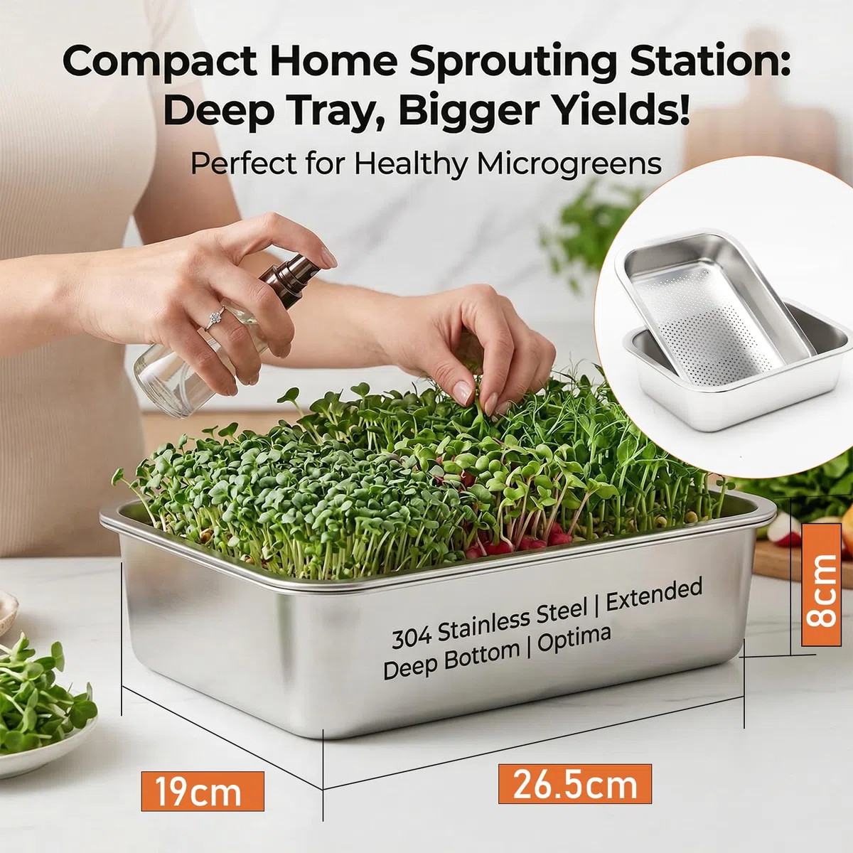 Set 2 Vassoi Germinazione in Acciaio Inossidabile 2 in 1 26 x 19 cm con Colino Fine e Vassoio per Germogli Crescita Microgreens Erba di Grano Riutilizzabile Anti-Ruggine Lavabile in Lavastoviglie