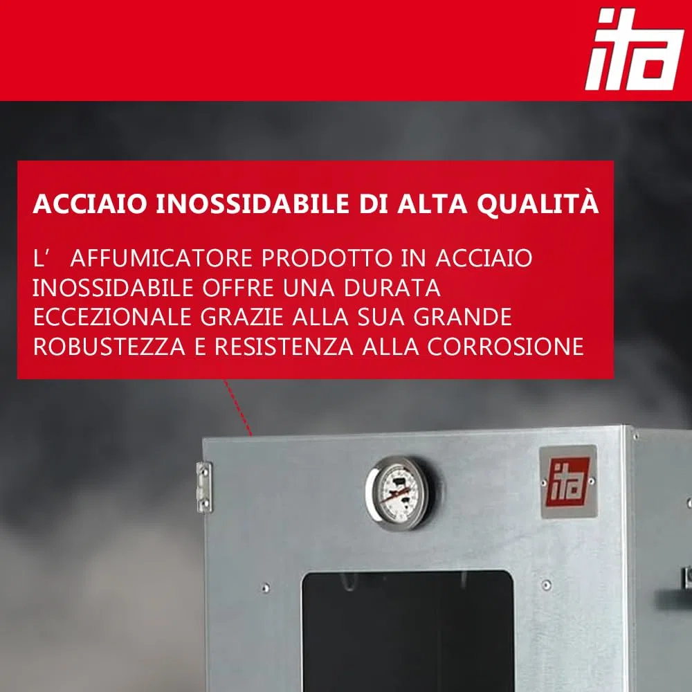 ITA Fumoir Électrique 7002 - Set Affumicatore con Riscaldamento, Tavolo, Generatore di Fumo - Armadio per Affumicatura con Finestra e Termometro - Acciaio Inox - Qualità UE - 81 cm con 3 Livelli