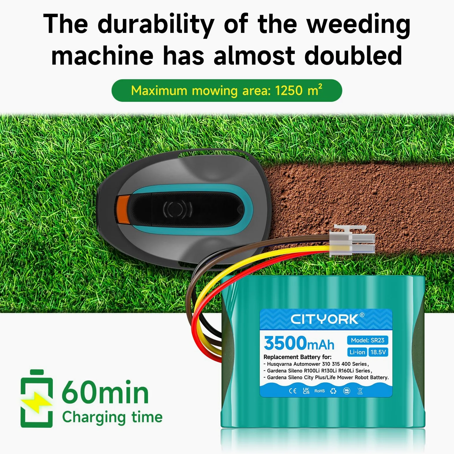 CITYORK 18.5V 3500mAh batteria di ricambio per Gardena Sileno R100Li R130Li R160Li, per Gardena Sileno+ City/Life, Batteria per Husqvarna Automower 310 315 robot tosaerba