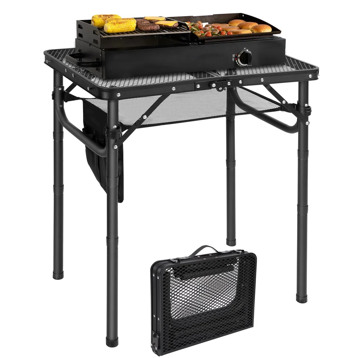 REDCAMP Tavolo da barbecue portatile con scrivania in rete, 60 x 40cm Tavolo da campeggio pieghevole leggero per cucinare in campeggio BBQ RV Picnic, facile da montare con scavate regolabili, nero