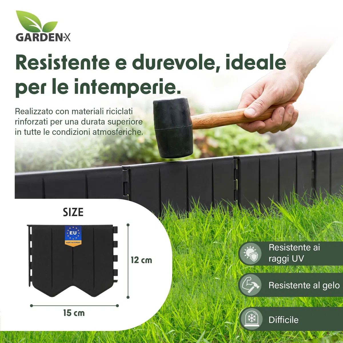 GARDENIX Bordo per prato, facile da installare, antracite, plastica, 5,15 m, bordatura per aiuole senza scavo, in plastica riciclata, flessibile e durevole, prodotto nell'Unione Europea