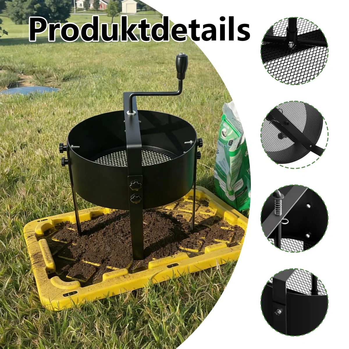 Colino da giardino a manovella in metallo, Ø 30 cm, con 4 setacci (3/6/9/12 mm), efficace filtro per terra, pietre, sabbia, compost, erbacce, colino intercambiabile per giardinaggio