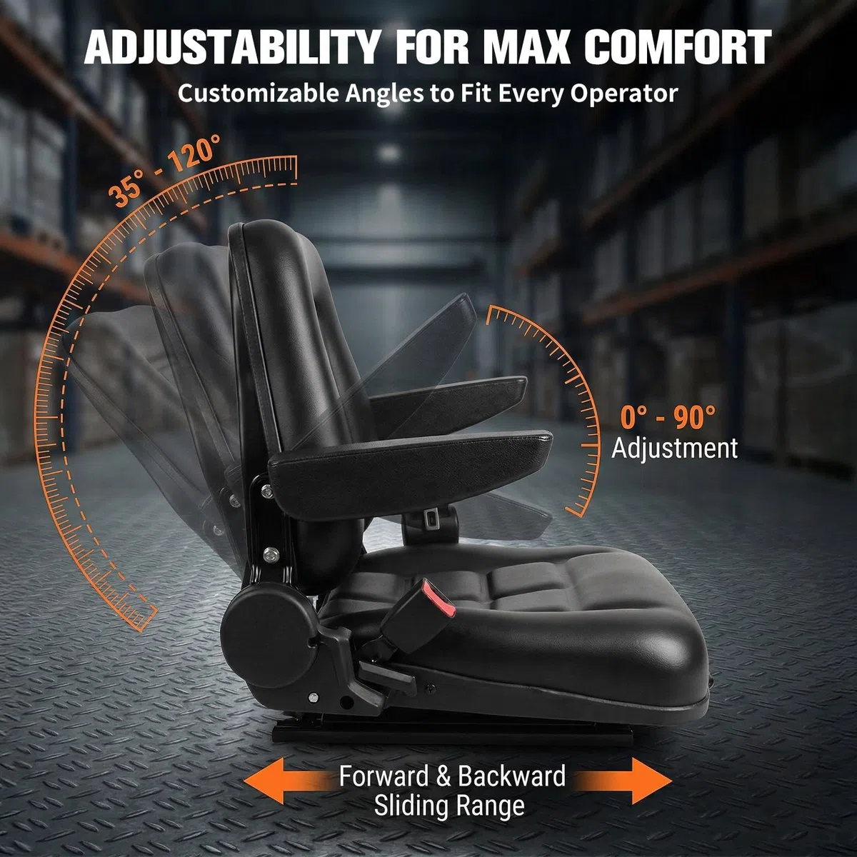 Sedile universale per carrello elevatore, sedile per carrello elevatore, sedile in PVC con cintura di sicurezza, schienale regolabile, imbottitura ergonomica, sedile trattore pieghevole per carrelli