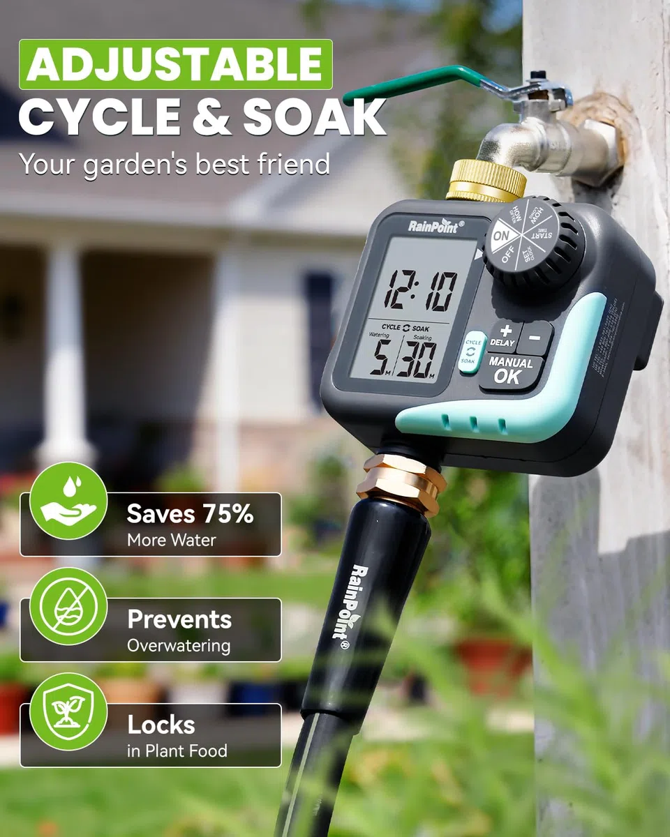 RAINPOINT Timer irrigatore per tubo da giardino, timer con ciclo e ammollo/ritardo pioggia/irrigazione automatica/irrigazione manuale, sistema di irrigazione programmabile con ampio display per prato
