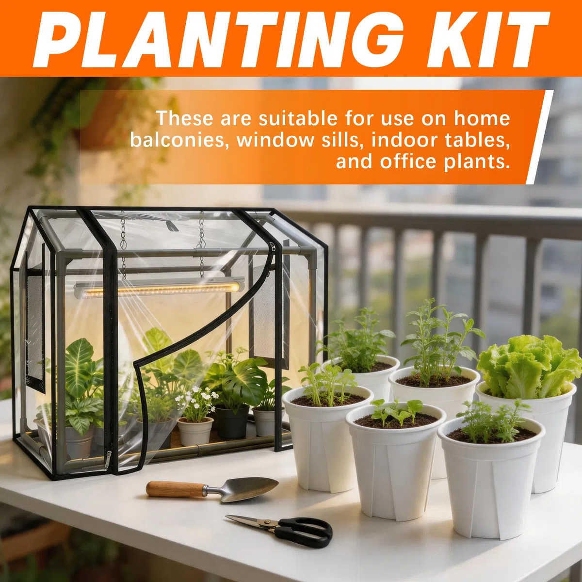 Kit di Piantagione, Serra da Balcone con 6 Piccoli Vasi da Fiori e Lampada per Piante Copertura PVC 60 x 40 x 50 cm Serra da Giardino Resistente Alle Intemperie Trasparente per Giardino Balcone