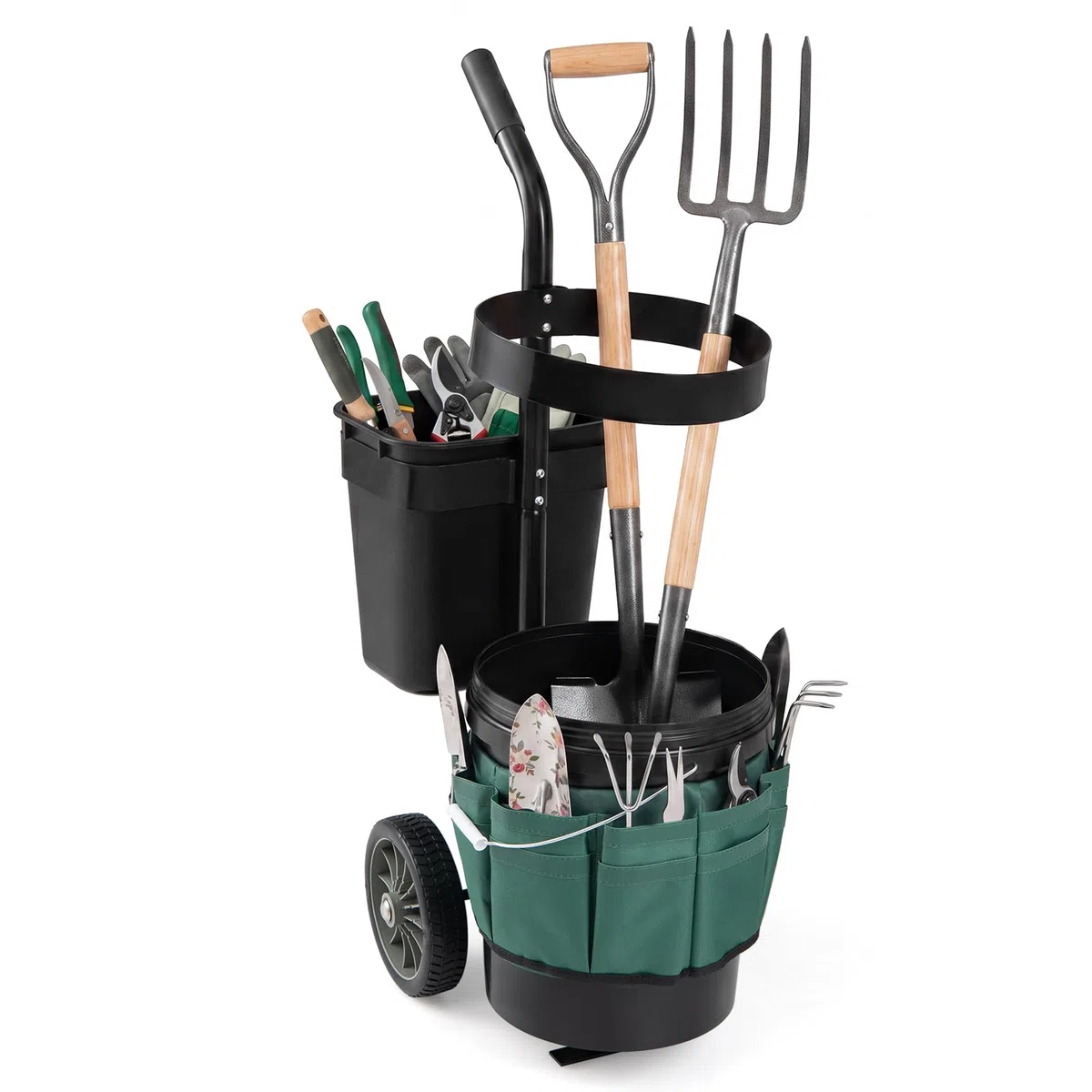 COSTWAY Carrello da Giardino a 2 Ruote, Carrellino da Esterno per Attrezzi da Giardinaggio con Borsa in in Tessuto Oxford, 20 L Secchio Rotondo e 10 L Contenitore Rettangolare Rimovibili