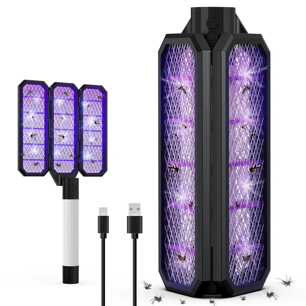 Zanzariera elettrica pieghevole con luce UV, 3000 V, 4000 mAh, lampada per zanzare, trappola elettrica per zanzare, per interni ed esterni, mosche, tarme