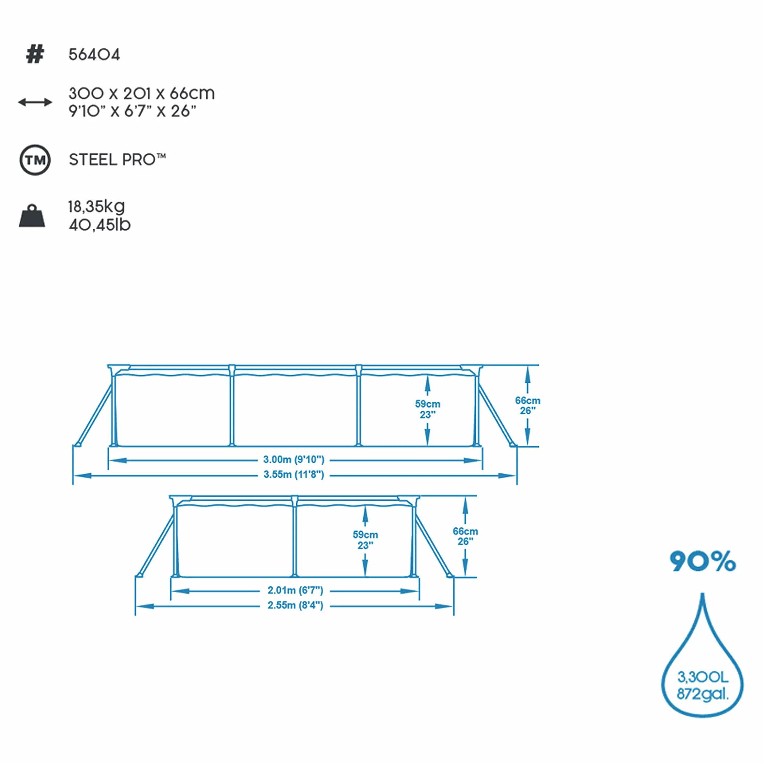 Bestway 56404 Piscina Fuori Terra Steel Pro Rettangolare Da 300x201x66
