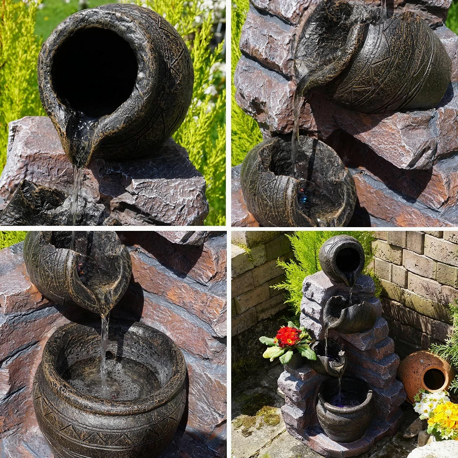 Fontana da giardino, fontana decorativa con illuminazione a cascata, gioco d'acqua per giardino, laghetto, terrazza, laghetto, balcone, molto decorativa – funzionamento a energia solare ibrida