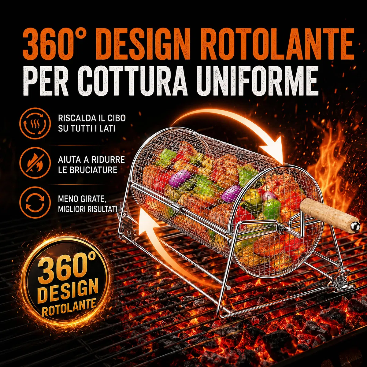 2-in-1 Cestello Barbecue Rotolabile Rotante, Acciaio Inossidabile 304 con Doppi Manici Rimovibili, Accessori per Verdure Gamberetti, Idea Regalo Uomo Papà Marito Compleanno Papà Marito Compleanno