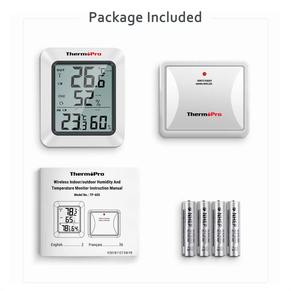 ThermoPro TP60S Termometro Ambiente Interno Esterno Digitale Wireless Trasmissione 60 Metri con Sensore Esterno Igrometro Misuratore di Temperatura e umidità per Casa Ufficio Scuola