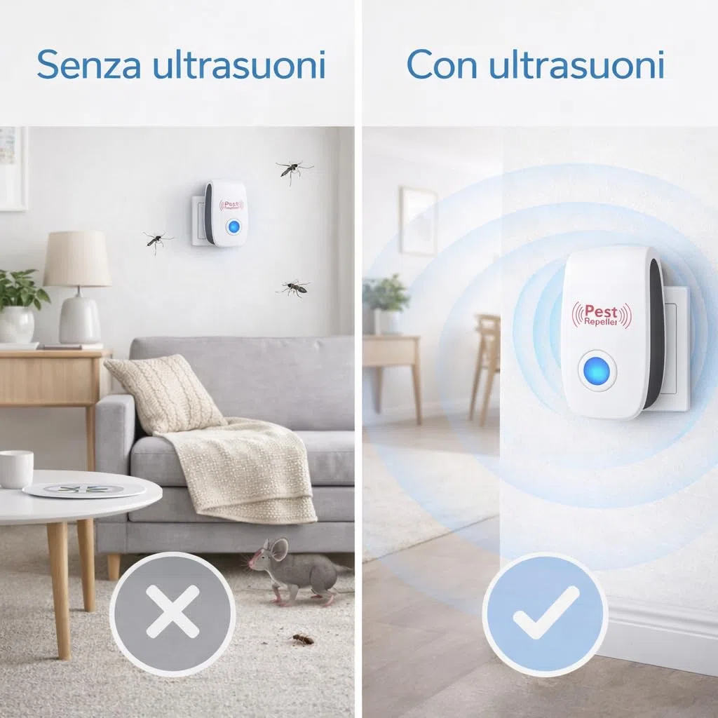 Repellente Ultrasuoni 4 Pezzi – Anti Insetti e Topi per Casa, Scaccia Zanzare, Formiche, Ragni e Scarafaggi, Senza Chimici, Silenzioso, Copertura Fino a 100 m²