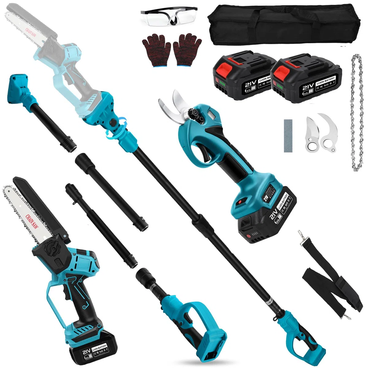 Mini Motosega a Batteria 6 Pollici & 45 mm Forbici Potatura con 21V 2X 4000mAh, 4 IN 1 Sega Telescopica Potatore, Sega Elettrica con Telescopico Asta Brushless per Potatura, Auto-Lubrificante