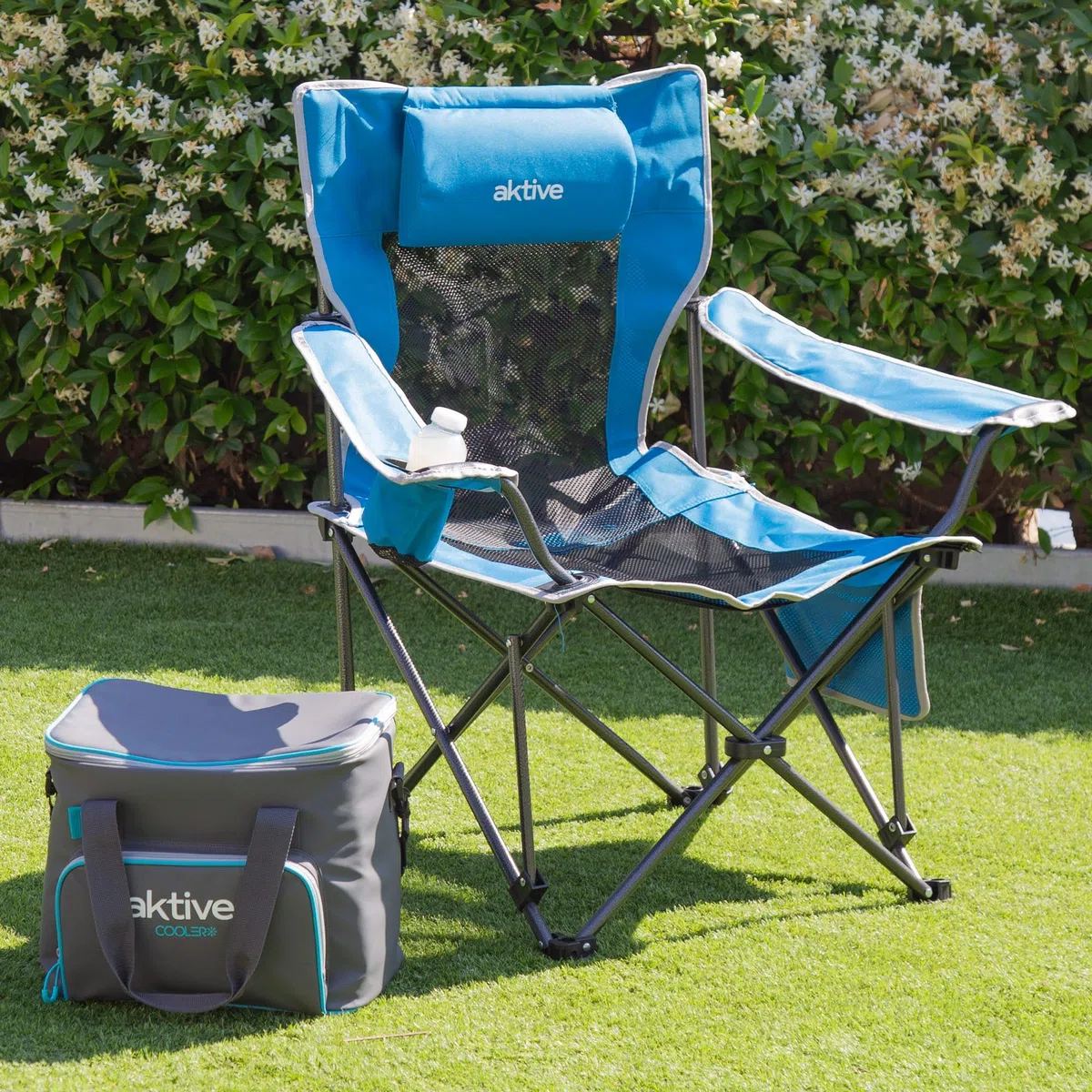 Aktive 63001 - Sdraio da campeggio pieghevole | Poltrona con cuscino e sottobicchiere | Capacità 1 persona | Supporta 110 kg | Lettino da giardino antiribaltamento per esterni