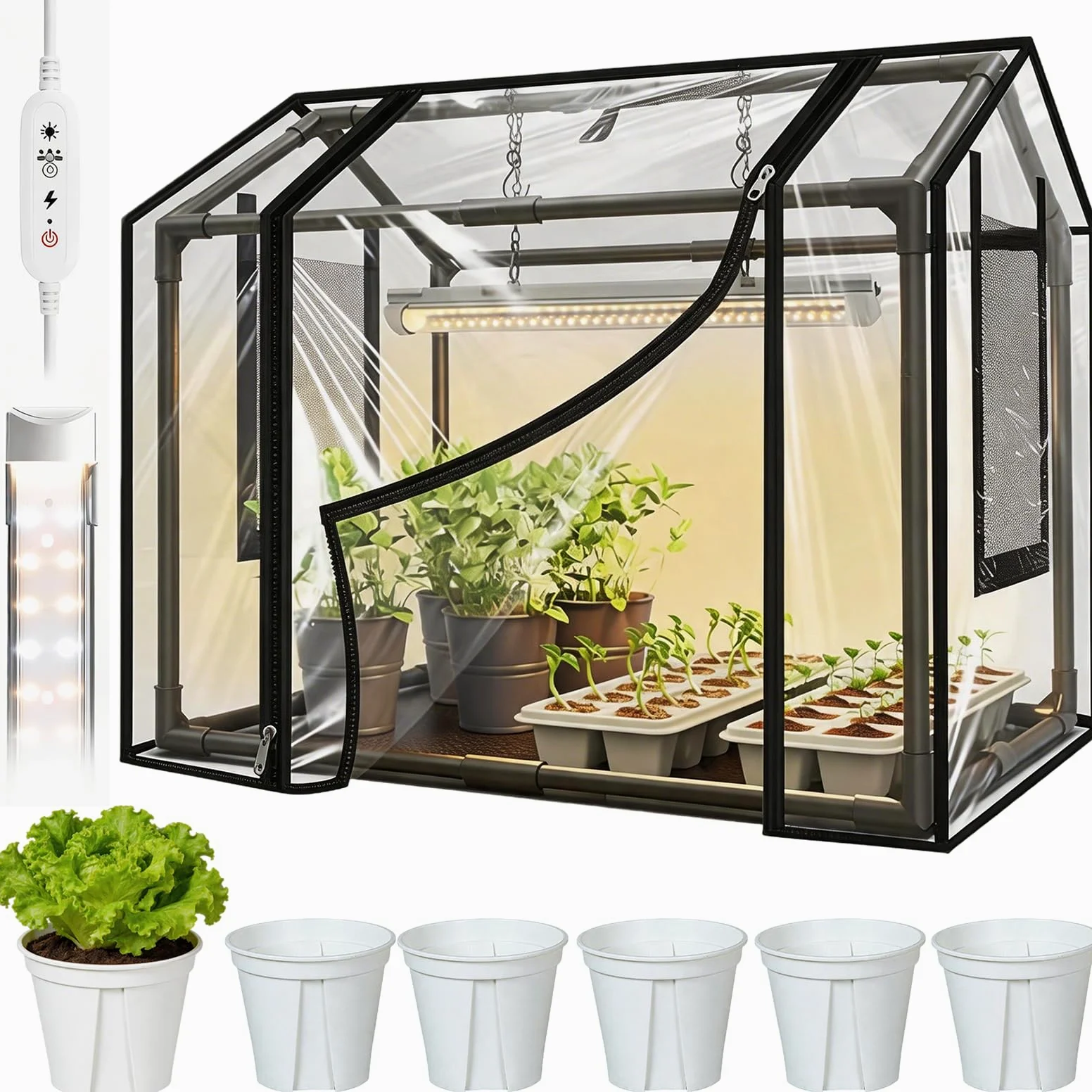 Kit di Piantagione, Serra da Balcone con 6 Piccoli Vasi da Fiori e Lampada per Piante Copertura PVC 60 x 40 x 50 cm Serra da Giardino Resistente Alle Intemperie Trasparente per Giardino Balcone