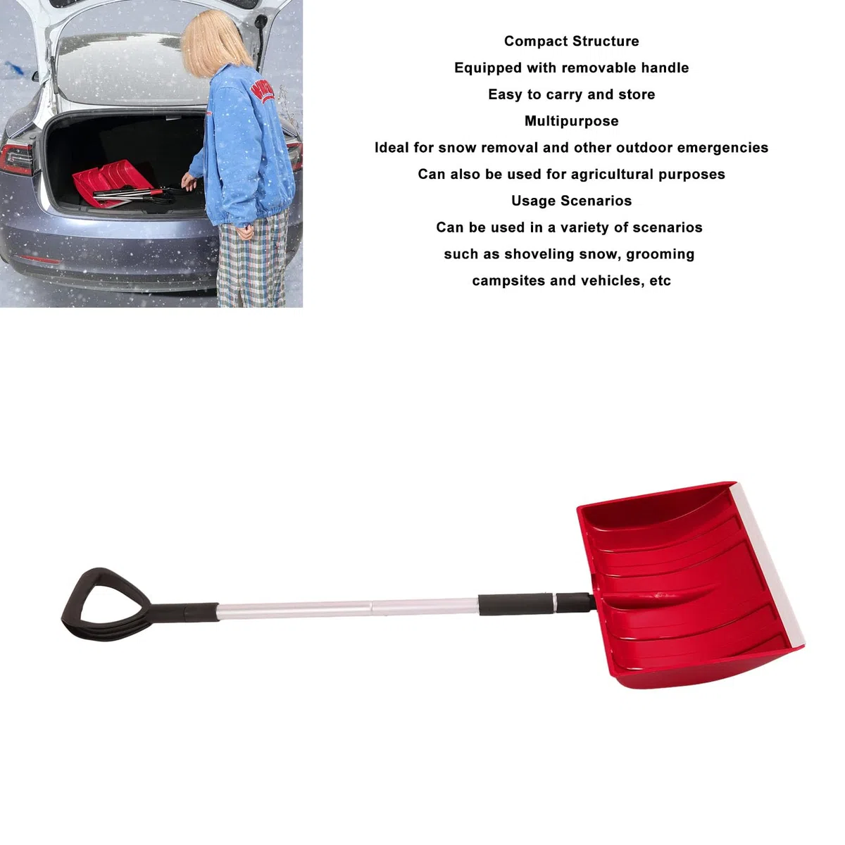 Pala da neve per auto di emergenza da giardino, lunghezza regolabile 120 cm, con impugnatura a D, manico staccabile per rimozione della neve e altre attività di emergenza all'aperto (rosso)
