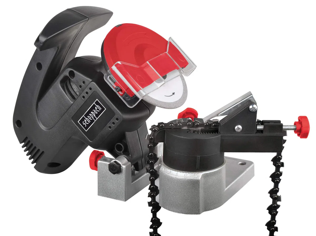 Scheppach Affilacatena KS1200, potenza 200 W, disco abrasivo, diametro 100 mm, diametro foro 10 mm, grande protezione radio, struttura compatta, alloggiamento robusto, facile da trasportare
