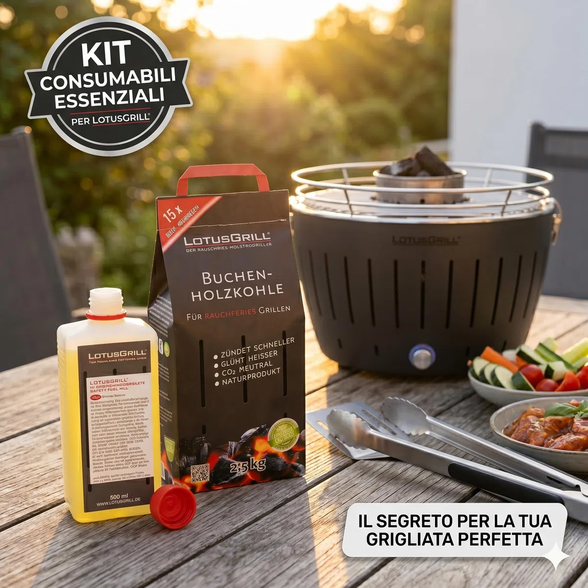 BERARDI LotusGrill Kit Consumabili per LotusGrill, Carbone di Faggio 2,5 kg e Pasta Combustibile 500 ml, CO2 Neutrale, Naturale