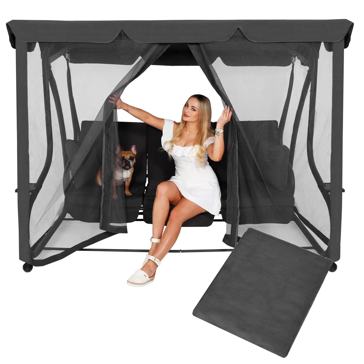 SPRINGOS Zanzariera per altalena da giardino, rete di protezione con cerniera, altezza 165 cm, circonferenza 680 cm, copertura universale per altalena Hollywood, poliestere, grigio scuro