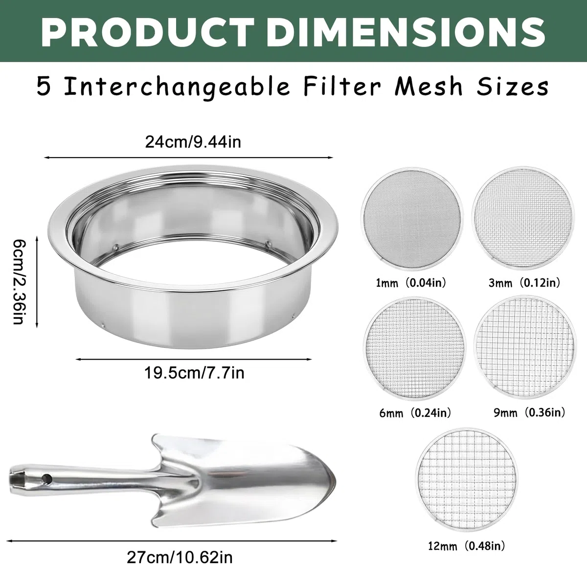 5 in 1 Setaccio da Giardino in Acciaio Inox Ø maglie 1, 3, 6, 9, 12 mm Setaccio per Sabbia + 1 Vanga a Mano Per Terra, Pietre, Compost, Erbacce e Sabbia