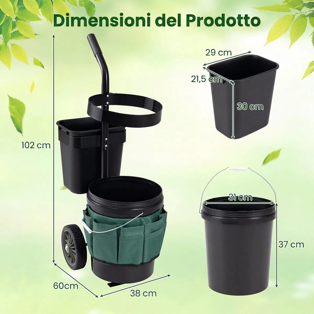 COSTWAY Carrello da Giardino a 2 Ruote, Carrellino da Esterno per Attrezzi da Giardinaggio con Borsa in in Tessuto Oxford, 20 L Secchio Rotondo e 10 L Contenitore Rettangolare Rimovibili