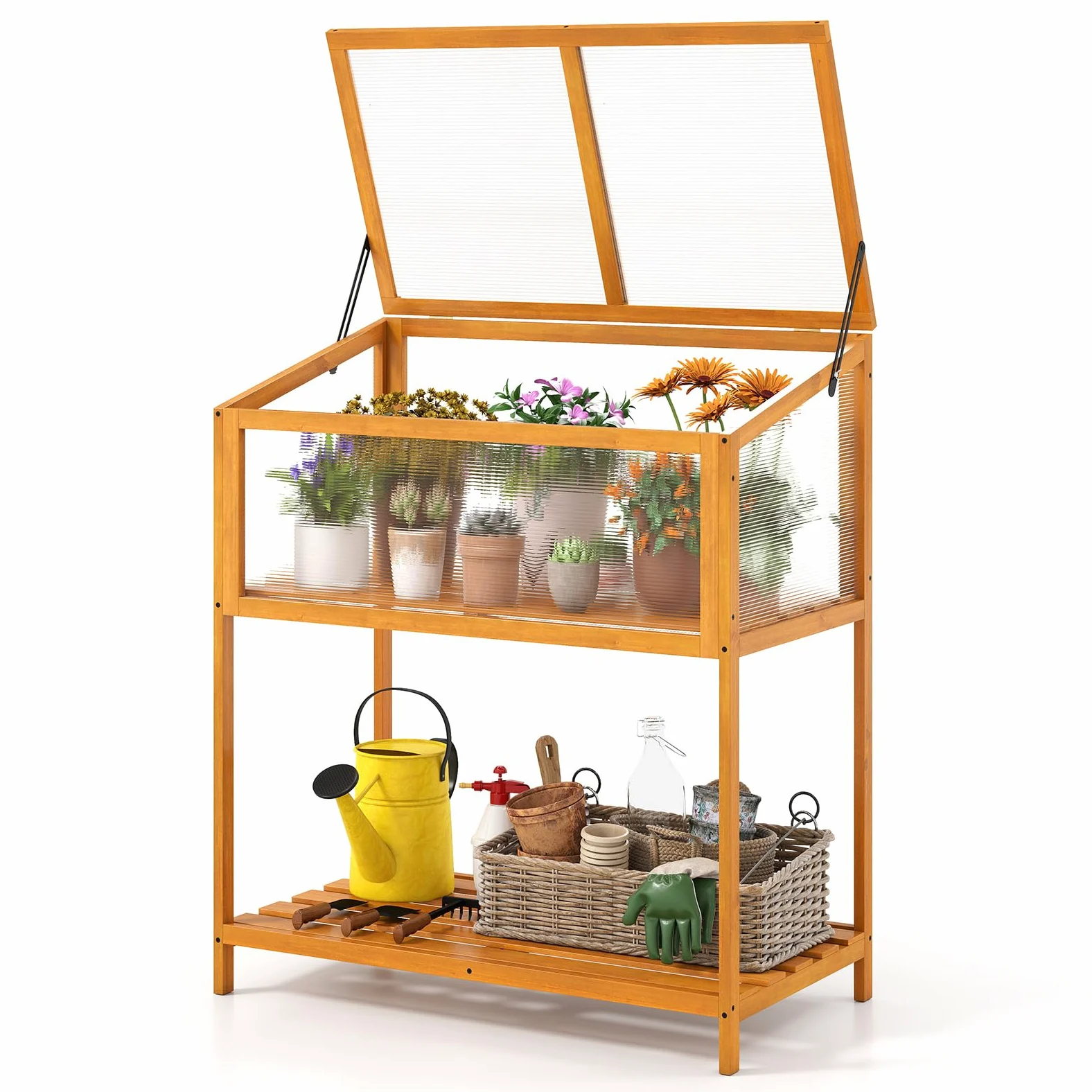 COSTWAY Mini Serra in Legno con Tetto Trasparente Apribile e Mensola a Doghe, Mini Serra Salvaspazio da Interno ed Esterno per Giardino, Veranda e Balcone, 90 x 50,5 x 105 cm