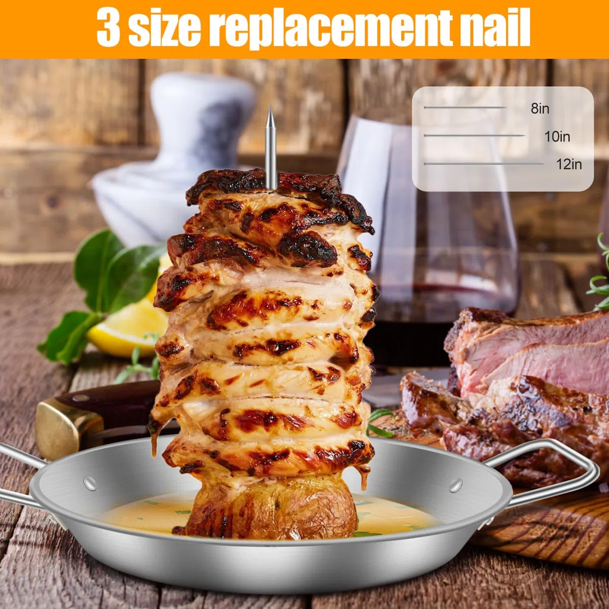 Supporto verticale per spiedini per kebab, in acciaio inox, per barbecue o forno, spiedini verticali per carne con 3 punte di diverse dimensioni, per pollo, pesce, salsiccia e bistecca